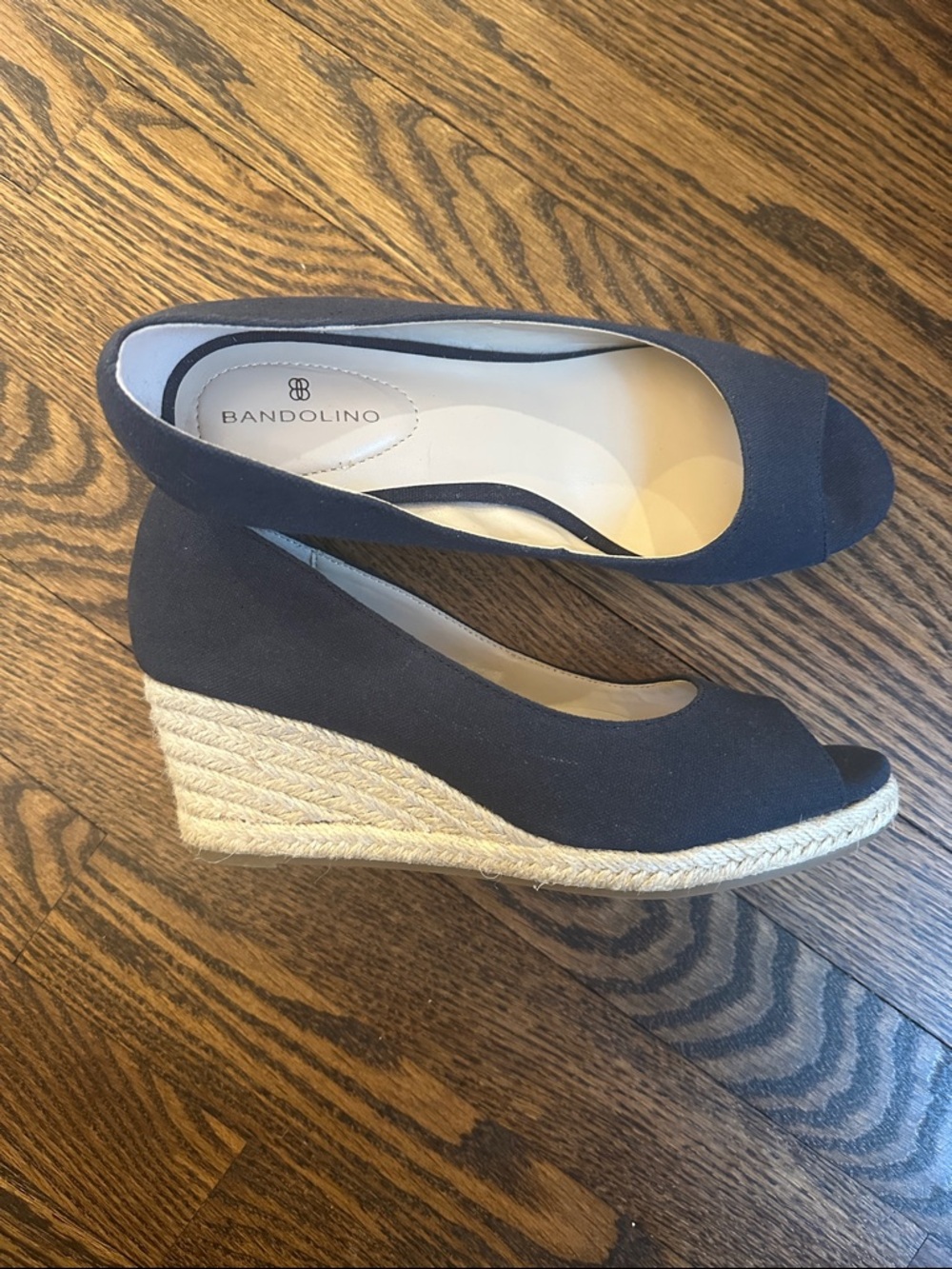 Bandolino Navy Peep-Toe Espadrille Wedge with Jute Platform